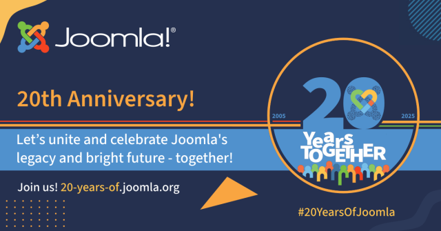 Joomla! 20th Anniversary celebration banner with colorful fireworks and a call to unite for a bright future together.
